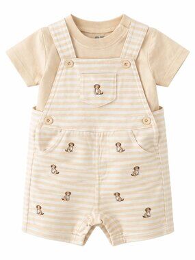 NWT Little Me Baby Boy 2 Piece Romper Set Neutral Puppy Print Shortall Outfit
